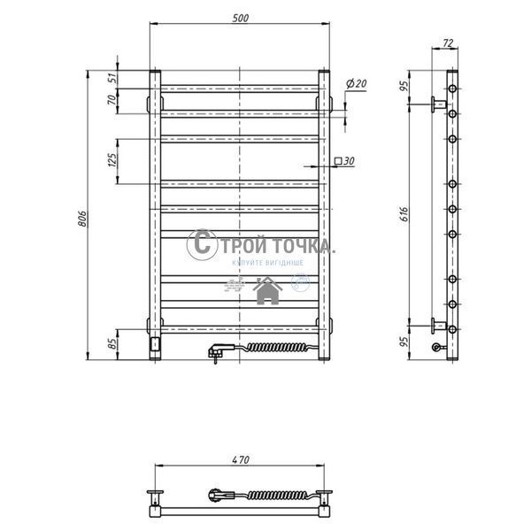 Рушникосушка Класик Квадро 500х800 Sensor права з таймером, чорний муар 12-216053-5080 фото